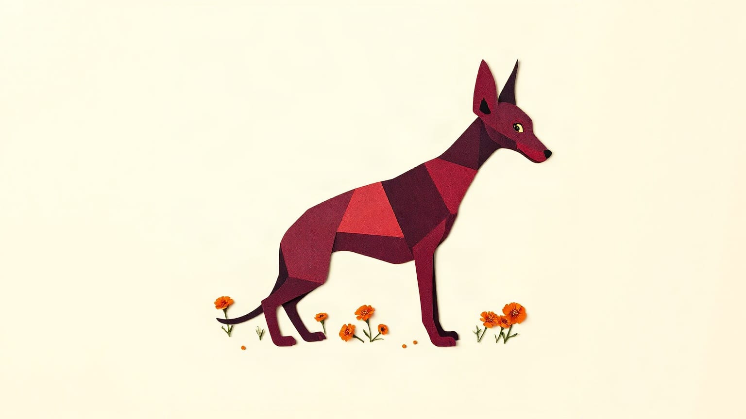 Un xoloitzcuintle de papel recortado en tonos ciruela, de pie entre flores de cempasúchil, sobre un fondo crema