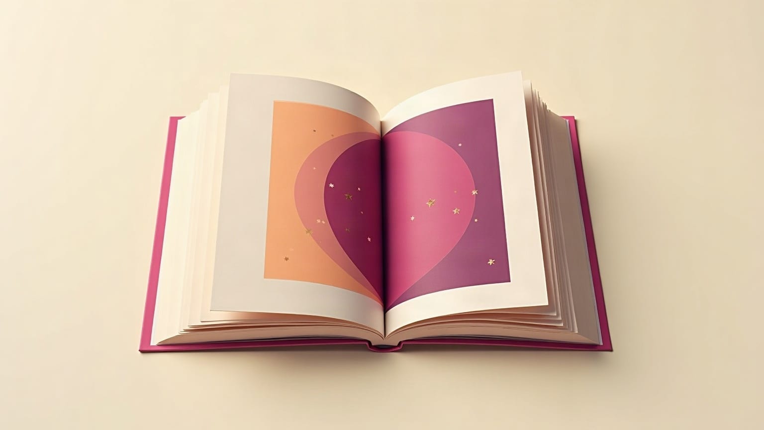 Un libro abierto visto desde arriba, con formas de color repartidas en las dos páginas